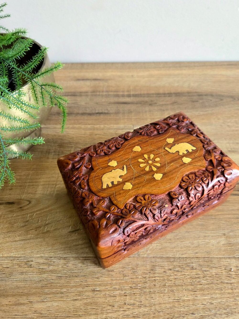 Vintage Hand Carved Wooden Jewelry Box with Brass Inlaid Elephants.